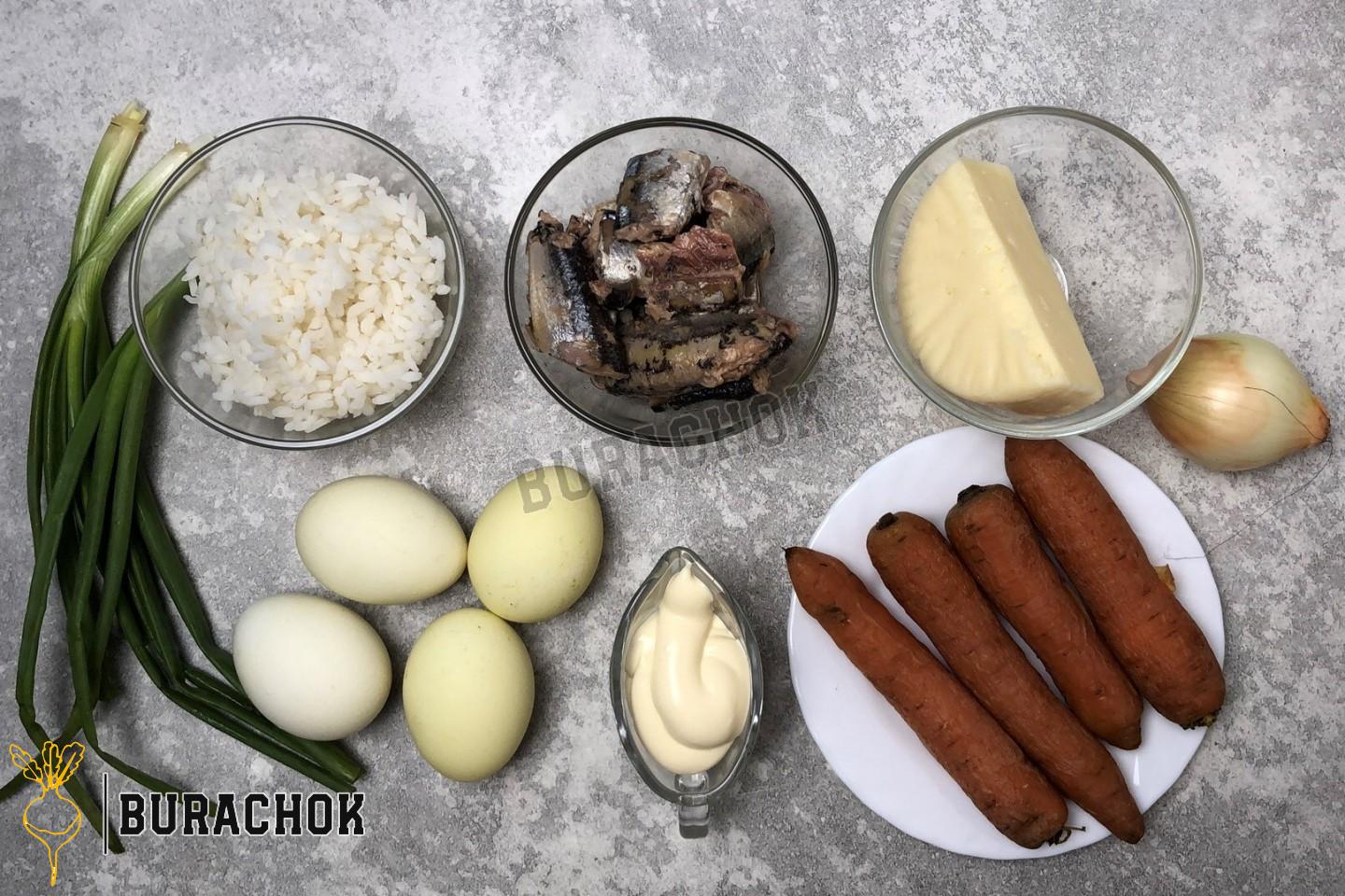 Салат Мімоза з консервами та рисом