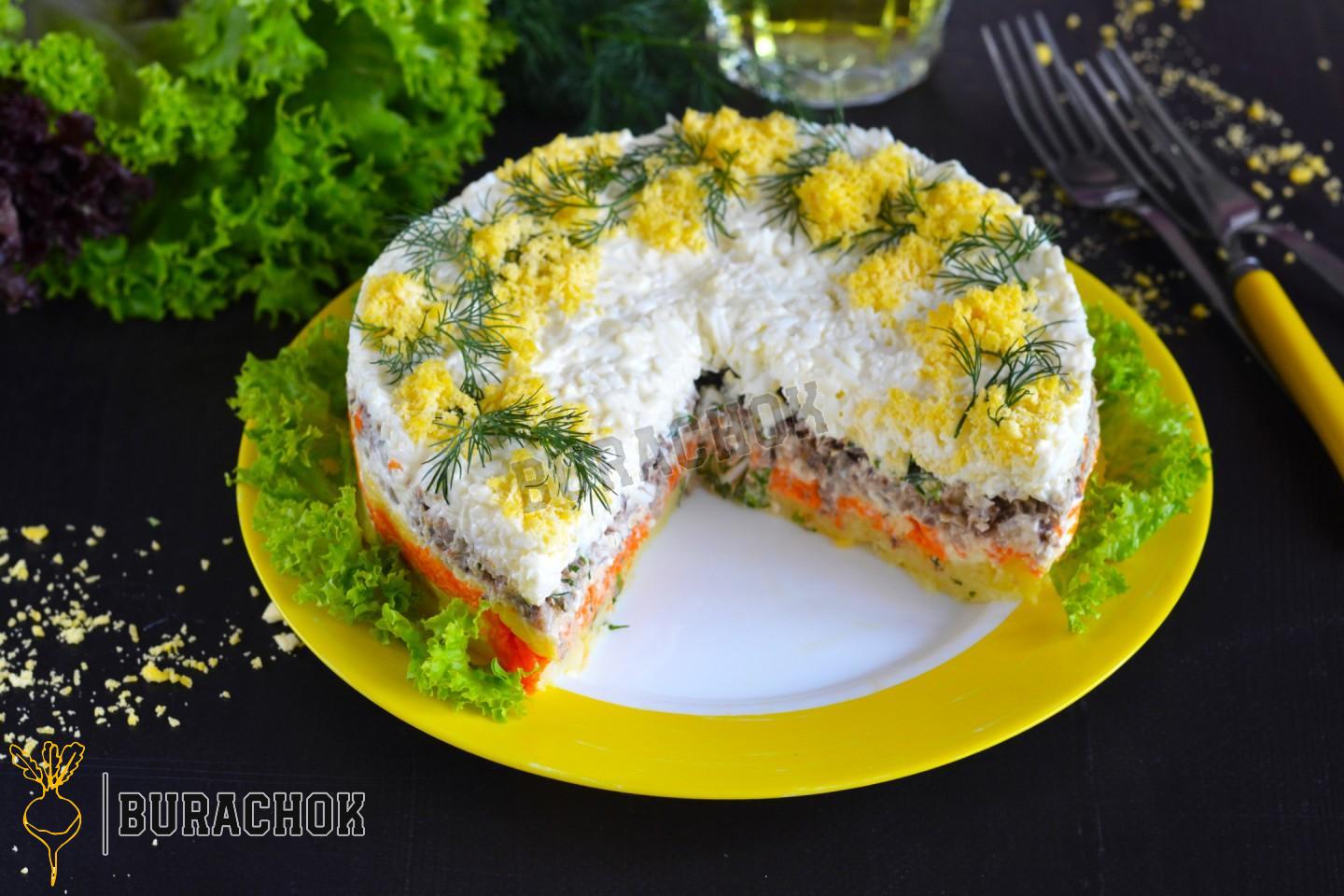 Салат Мімоза з рибними консервами та картоплею класичний